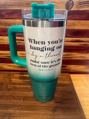 When You’re hanging by a thread Tumbler with Handle - Inspirational Scripture